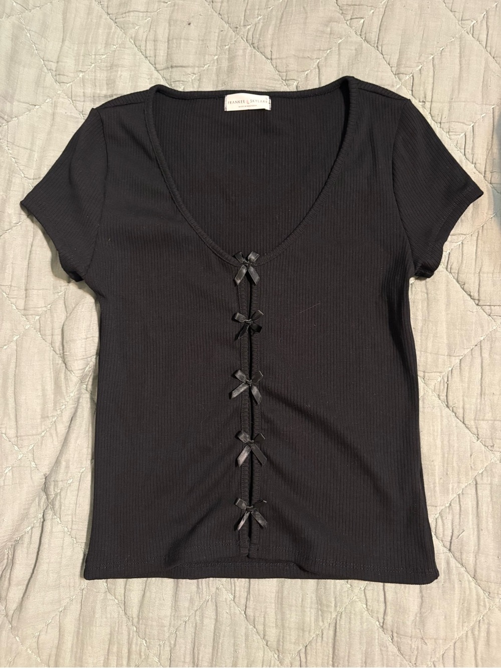 Black Ribbed Short Sleeve Tie-Front Top